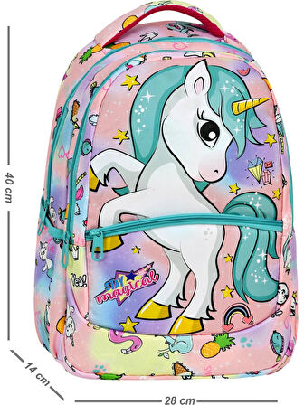 Yeşil Unicorn Desenli Kız İlkokul Sırt Çantası + Beslenme Çantası (2306)
