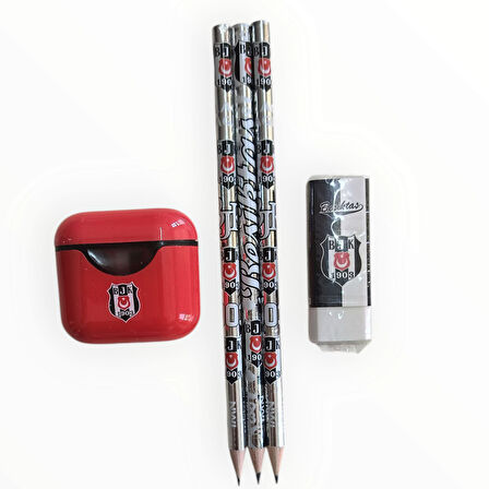 Beşiktaş Lisanslı Kurşun Kalem Seti (3 Adet Kurşun Kalem, Silgi, Kırmızı Kalemtıraş)