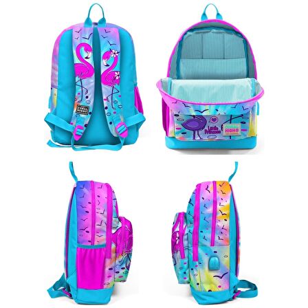 Coral High Mavi Pembe Flamingo Geçişli Beslenme Okul Çantası Kalemlik