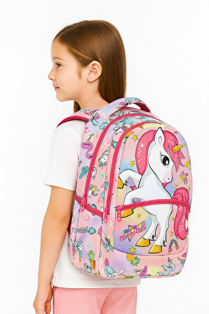 Pembe Unicorn Desenli Kız İlkokul Sırt Çantası + Beslenme Çantası (2307)