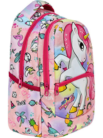 Pembe Unicorn Desenli Kız İlkokul Sırt Çantası + Beslenme Çantası (2307)