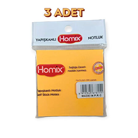 Homix 3 ADET Yapışkanlı Notluk 76 x 76 cm Neon Renkler 100 Yp