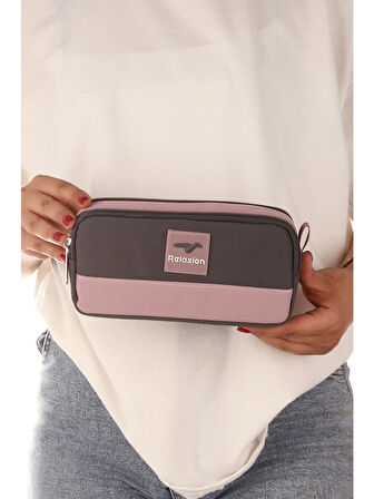 Relaxion Antrasit İki Gözlü Krinkıl Kumaş Kalem Çantası Kalemlik (173)