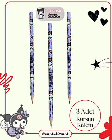 Kuromi Lisanslı Mor Kurşun Kalem Seti (3 Adet Kurşun Kalem, 2 Adet Silgi, Kalemtraş)