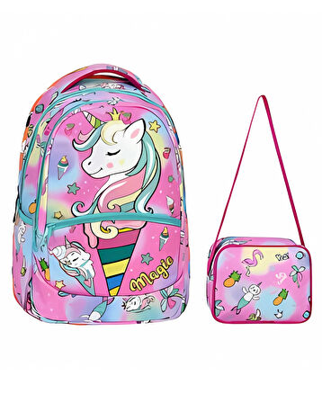 Unicorn Desenli Pembe İlkokul Sırt Çantası + Beslenme Çantası (2303)
