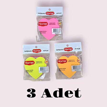 Homix 3 PAKET Kalp Şeklinde Yapışkanlı Notluk 76 x 76 cm Neon Renkler 100 Yp
