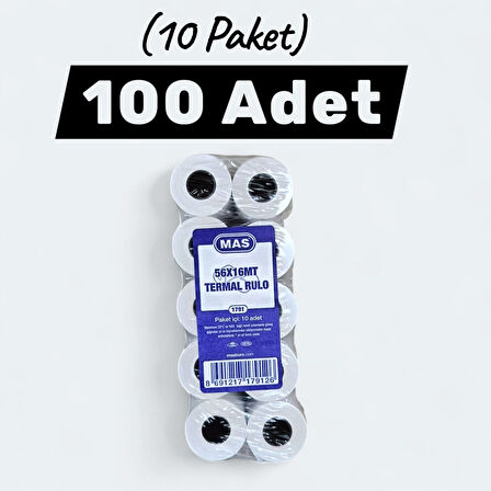 Mas 56x16 Termal Rulo Yazar Kasa Pos Kağıdı 16 Metre 100 Adet (10 Paket)