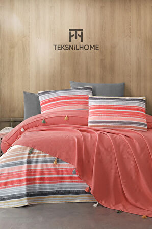 %100 Pamuklu Valeria Tassel Çift Kişilik Püsküllü Kiremit Pike Takımı(ÇARŞAF,PİKE,YASTIK KILIFI)