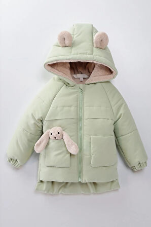 Sevimli Baby Tavşan Cepli Soft Kumaş Fermuarlı  Kapüşonlu Kışlık İçi Peluş Kız Bebek Mont Şişme
