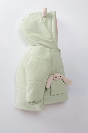 Sevimli Baby Tavşan Cepli Soft Kumaş Fermuarlı  Kapüşonlu Kışlık İçi Peluş Kız Bebek Mont Şişme