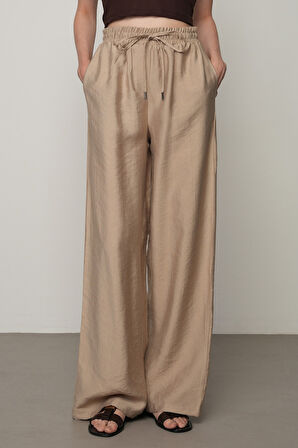 Kadın Düz Renk Beli Lastikli Bol Paça Pantolon