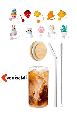 1 Adet Pipet Kapaklı Tıpa Cam Pipetli (9 MM) ,siboplu Bambu Kapaklı Bardak Ve 1 Adet Fırça