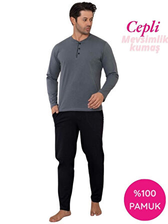 Erkek 3 Düğmeli %100 Pamuk Mevsimlik Uzun Kol Cepli Pijama Takımı
