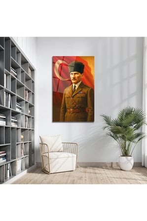 Atatürk Askeri Portre Ay Yıldız Fonlu Cam Tablo
