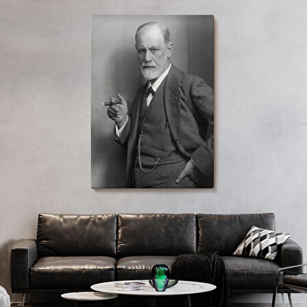 Sigmund Freud Elinde Puro ile Siyah Beyaz Fotoğrafı Kanvas Tablo-5238