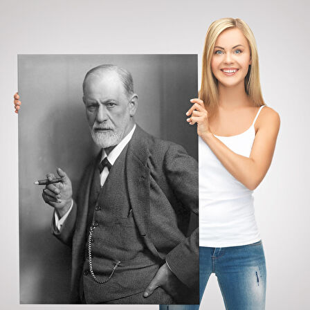Sigmund Freud Elinde Puro ile Siyah Beyaz Fotoğrafı Kanvas Tablo-5238