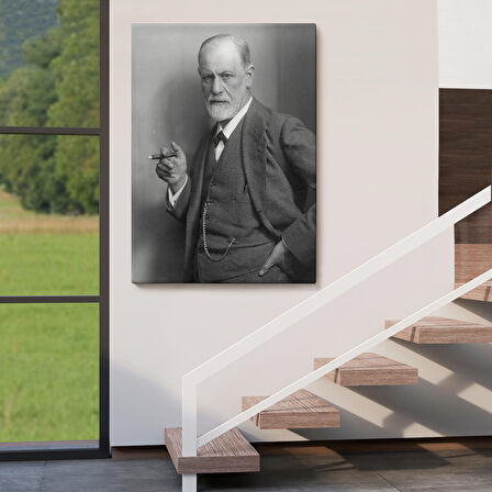 Sigmund Freud Elinde Puro ile Siyah Beyaz Fotoğrafı Kanvas Tablo-5238