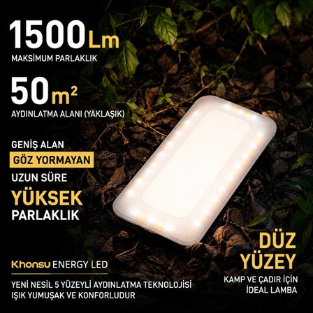 Khonsu E3 Şarjlı Kamp Lambası 1500 Lümen – 10.000 mAh Powerbank, 6 Işık Modu, Siyah Tam Set 