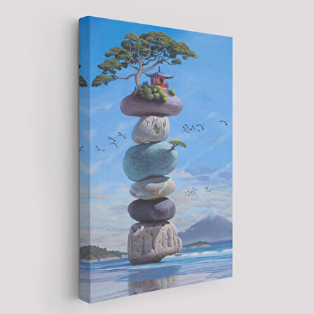 Sahilde Renkli Denge Taşları, Meditasyon, Yoga, Spiritüel Baskı Kanvas Tablo-5239