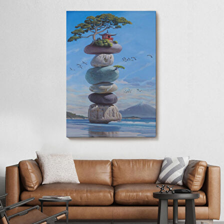 Sahilde Renkli Denge Taşları, Meditasyon, Yoga, Spiritüel Baskı Kanvas Tablo-5239