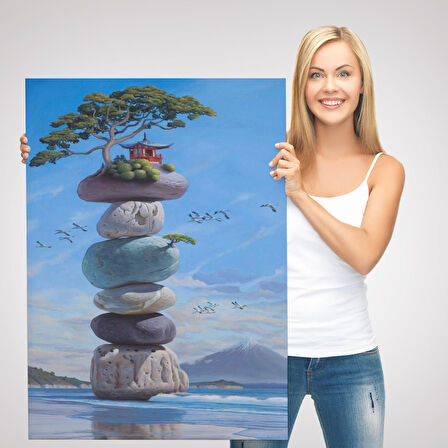 Sahilde Renkli Denge Taşları, Meditasyon, Yoga, Spiritüel Baskı Kanvas Tablo-5239