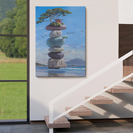 Sahilde Renkli Denge Taşları, Meditasyon, Yoga, Spiritüel Baskı Kanvas Tablo-5239