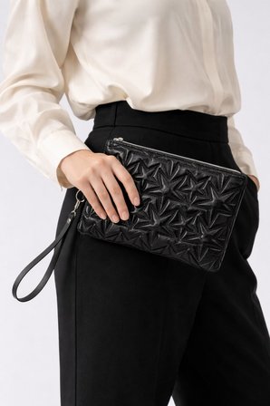 Yıldız Nakış İşlemeli Portföy El Çantası Bilek Askılı Saten Astarlı Clutch Çanta