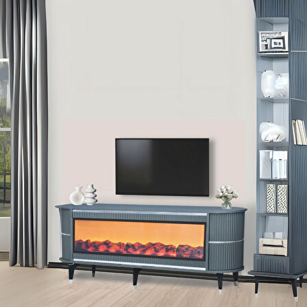 Dekoratif Şömineli TV Sehpası Uygulamalı 7 Renk Hoparlörlü Antrasit Gümüş detaylı 160x67x40 cm