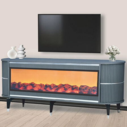Dekoratif Şömineli TV Sehpası Uygulamalı 7 Renk Hoparlörlü Antrasit Gümüş detaylı 160x67x40 cm
