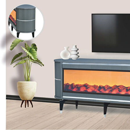 Dekoratif Şömineli TV Sehpası Uygulamalı 7 Renk Hoparlörlü Antrasit Gümüş detaylı 160x67x40 cm