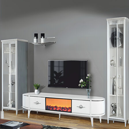 Maya Şömineli Tv Sehpası Beyaz Gümüş Detaylı Oval Tasarım 180x53x40 Cm