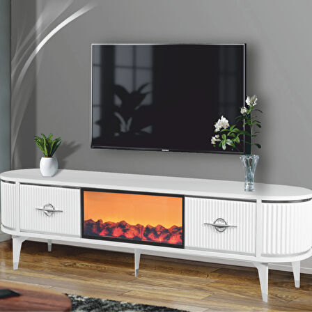 Maya Şömineli Tv Sehpası Beyaz Gümüş Detaylı Oval Tasarım 180x53x40 Cm
