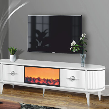 Maya Şömineli Tv Sehpası Beyaz Gümüş Detaylı Oval Tasarım 180x53x40 Cm