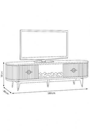Maya Şömineli Tv Sehpası Beyaz Gümüş Detaylı Oval Tasarım 180x53x40 Cm