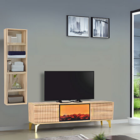 Rüya Dekoratif Şömineli TV Sehpası Atlantik Çam Gold Kulplu 2 Kapaklı Alev Efektli 150x50x36 Cm