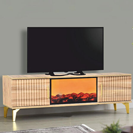 Rüya Dekoratif Şömineli TV Sehpası Atlantik Çam Gold Kulplu 2 Kapaklı Alev Efektli 150x50x36 Cm