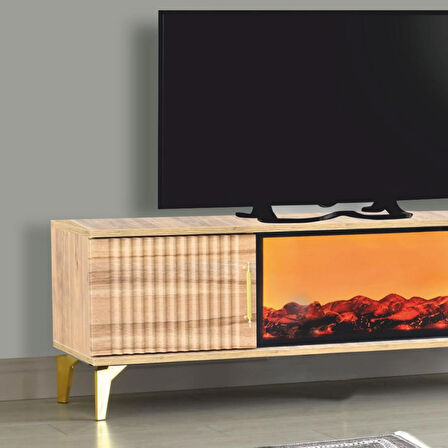 Rüya Dekoratif Şömineli TV Sehpası Atlantik Çam Gold Kulplu 2 Kapaklı Alev Efektli 150x50x36 Cm