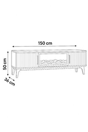 Rüya Dekoratif Şömineli Tv Sehpası - Antrasit Gold Kulplu 2 Kapaklı Alev Efektli 150x50x36 Cm