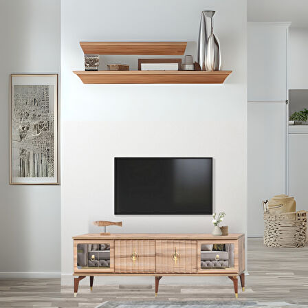 Tuna Tv Sehpası Atlantik Çam 4 Kapaklı Ayna Detaylı Altın Kulplu 160x52x36 Cm