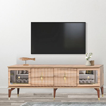 Tuna Tv Sehpası Atlantik Çam 4 Kapaklı Ayna Detaylı Altın Kulplu 160x52x36 Cm