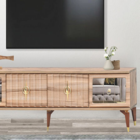 Tuna Tv Sehpası Atlantik Çam 4 Kapaklı Ayna Detaylı Altın Kulplu 160x52x36 Cm