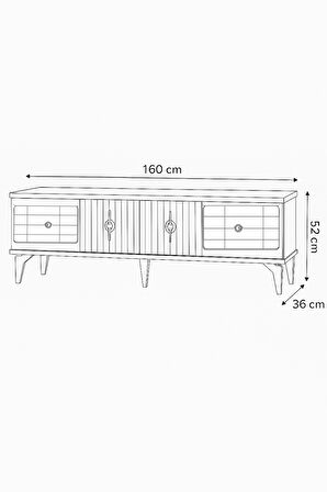 Tuna Tv Sehpası Atlantik Çam 4 Kapaklı Ayna Detaylı Altın Kulplu 160x52x36 Cm