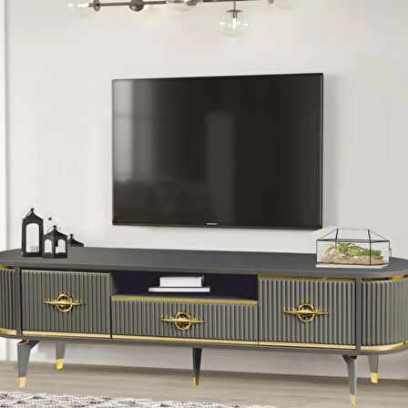 Duru Tv Sehpası Antrasit Gold 2 Kapaklı 1 Çekmeceli Oval Formlu Sehpa 180x40x53 Cm