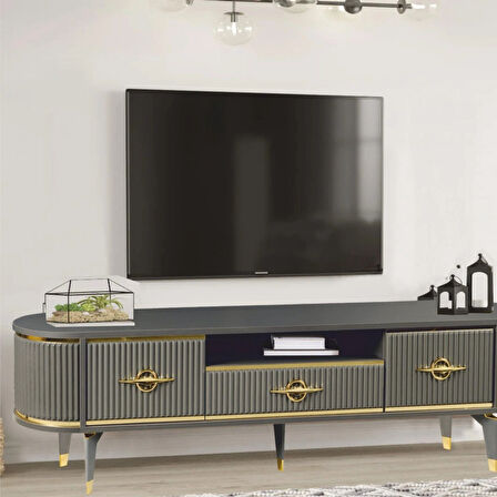 Duru Tv Sehpası Antrasit Gold 2 Kapaklı 1 Çekmeceli Oval Formlu Sehpa 180x40x53 Cm