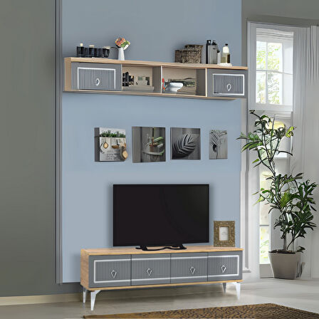 Vina Tv Sehpası Atlantik Çam Antrasit Gümüş Şeritli 4 Kapaklı Sehpa 160x36x50 Cm