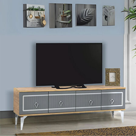 Vina Tv Sehpası Atlantik Çam Antrasit Gümüş Şeritli 4 Kapaklı Sehpa 160x36x50 Cm