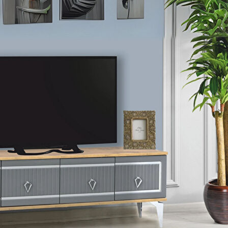Vina Tv Sehpası Atlantik Çam Antrasit Gümüş Şeritli 4 Kapaklı Sehpa 160x36x50 Cm