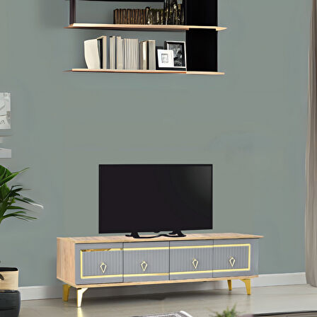 Vina Tv Sehpası Atlantik Çam Antrasit Gold 4 Kapaklı Çizgili Kulplu 160x36x50 Cm