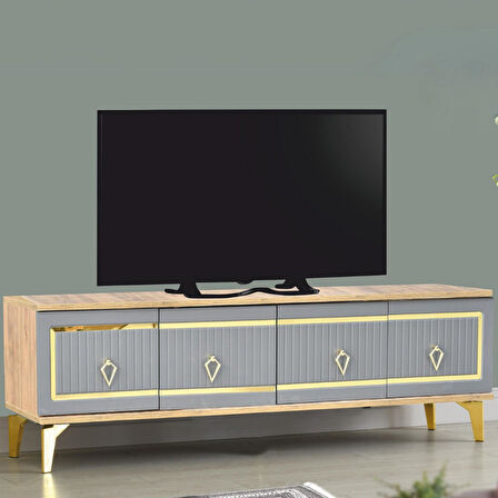 Vina Tv Sehpası Atlantik Çam Antrasit Gold 4 Kapaklı Çizgili Kulplu 160x36x50 Cm