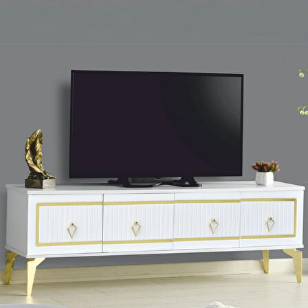 Vina Tv Sehpası Beyaz Gold 4 Kapaklı Çizgili Kulplu Metal Ayaklı 160x36x50 Cm